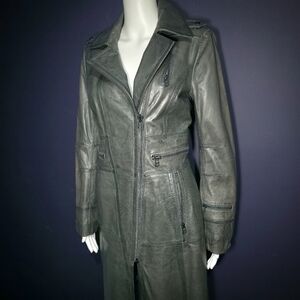 Y2K Tech Noir Leather Trench — Matrix-Era Cyber Futurism xs/s